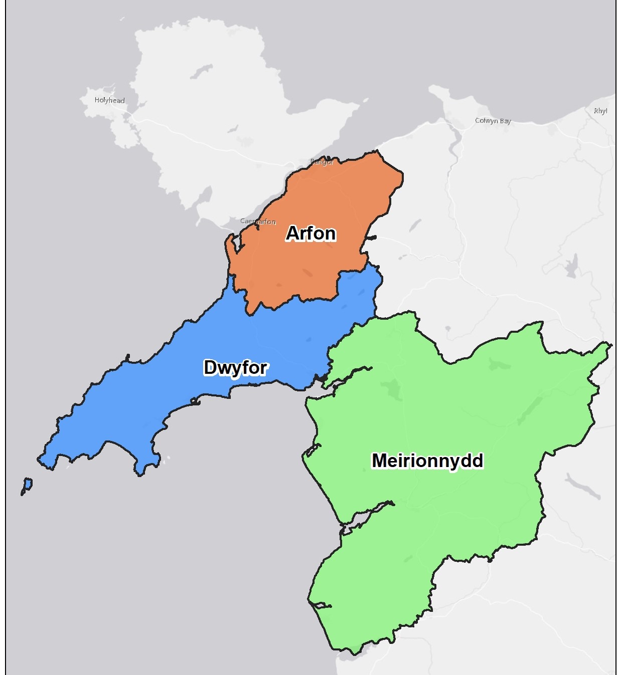 Map yn dangos ardaloedd Arfon, Dwyfor a Meirionnydd